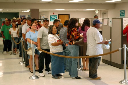 Workers applying for unemployment. (FEMA photo)