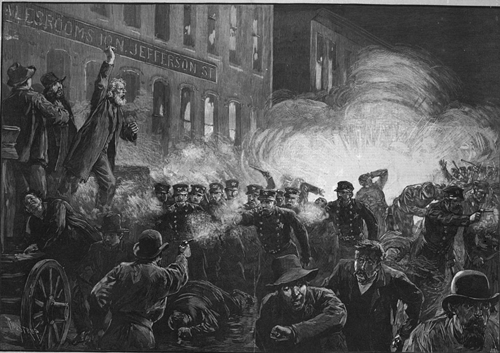 May Day -- This 1886 engraving inaccurately shows the strike, explosion and rioting happening simultaneously
