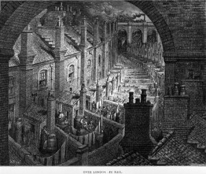 An engraving showing living conditions in London during the Industrial Revolution.