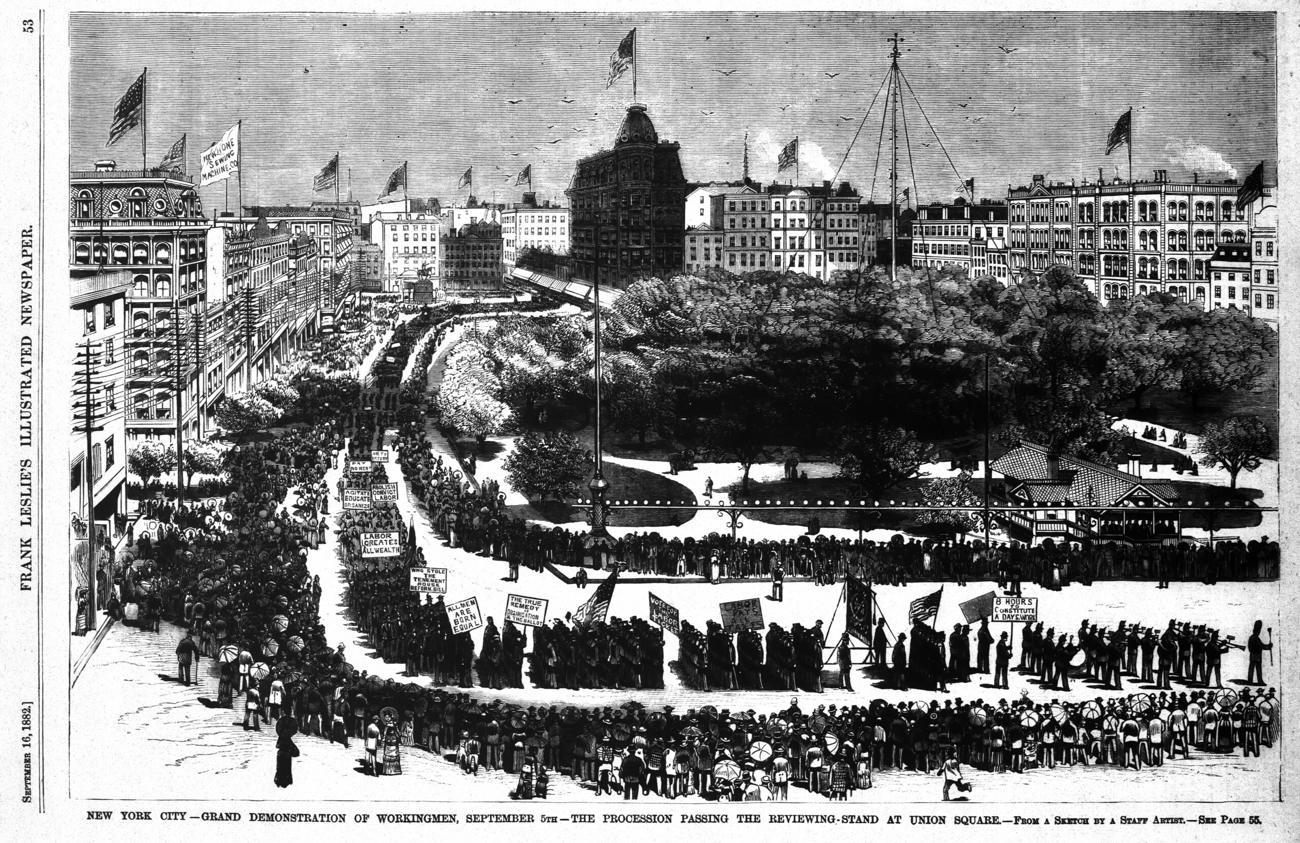 Illustration of the first American Labor parade held in New York City on September 5, 1882 as it appeared in Frank Leslie's Weekly Illustrated Newspaper's September 16, 1882 issue.